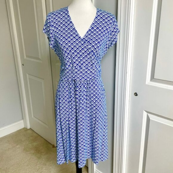 Boden Blue Shell Geometric Design Short Sleeve Long Midi Dress Size 14P - Picture 1 of 6